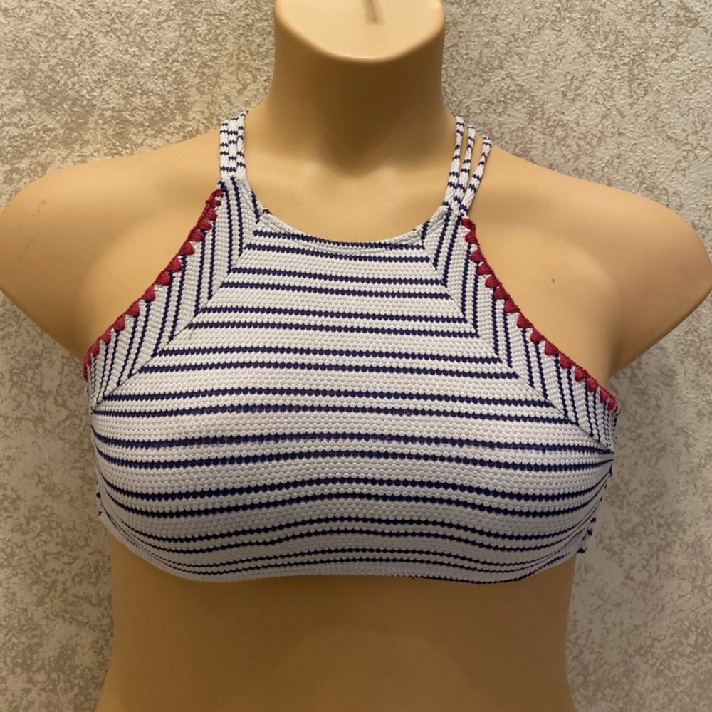 SO Women's Striped Bikini Top - Navy and Red